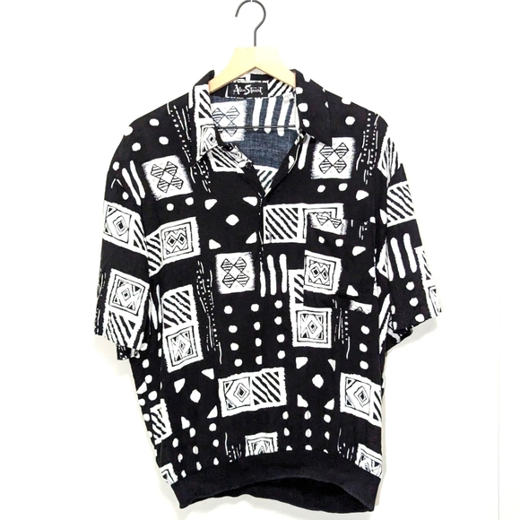 Vintage 1980s Alan Stuart pocketed black n white tee size L geometric pattern - Picture 1 of 9